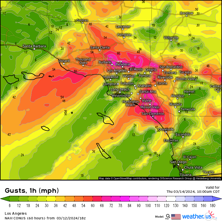 edgarrmcgregor's tweet image. Another week, another extreme weather event headed for Southern California.

This looks like one of the strongest March Santa Ana windstorms on record.

The NWS office in San Diego has called for isolated 100 MPH wind gusts in the hills around the Los Angeles Basin.