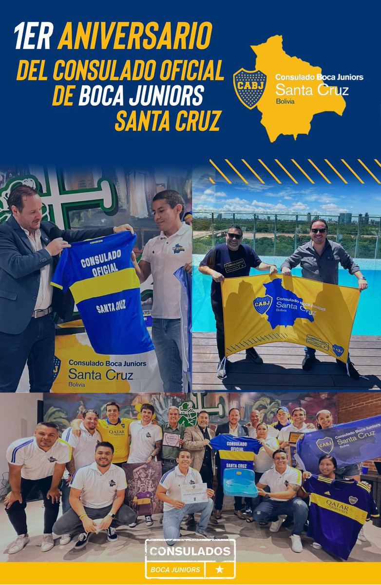 CONSULADOBJSCZ's tweet photo. #ConsuladoBocaJuniorsSantaCruz
Hace 1 año cumplíamos el sueño por lo que tanto trabajamos todos, que nuestro querido club nos nombre como Consulado Oficial, uno de los primeros en el mundo 🌎, es un buen dia para festejar y sentirse orgullosos de ser bosteros en Santa Cruz💙💛💙 https://t.co/heY37ybC12