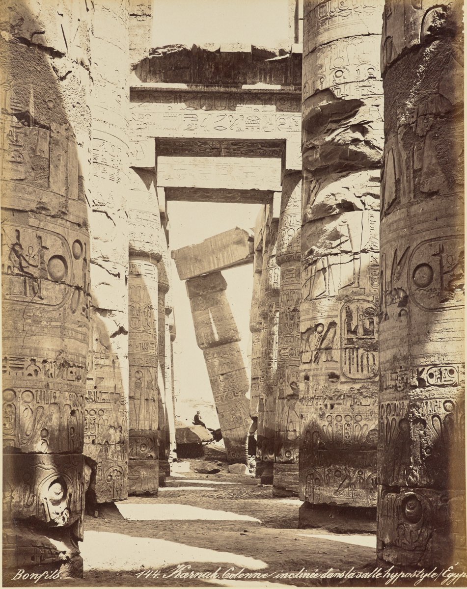 Karnak. Colonne inclinée dans la salle hypostyle, Égypte. 1870s. Photo by Félix Bonfils (French, 1831 - 1885).