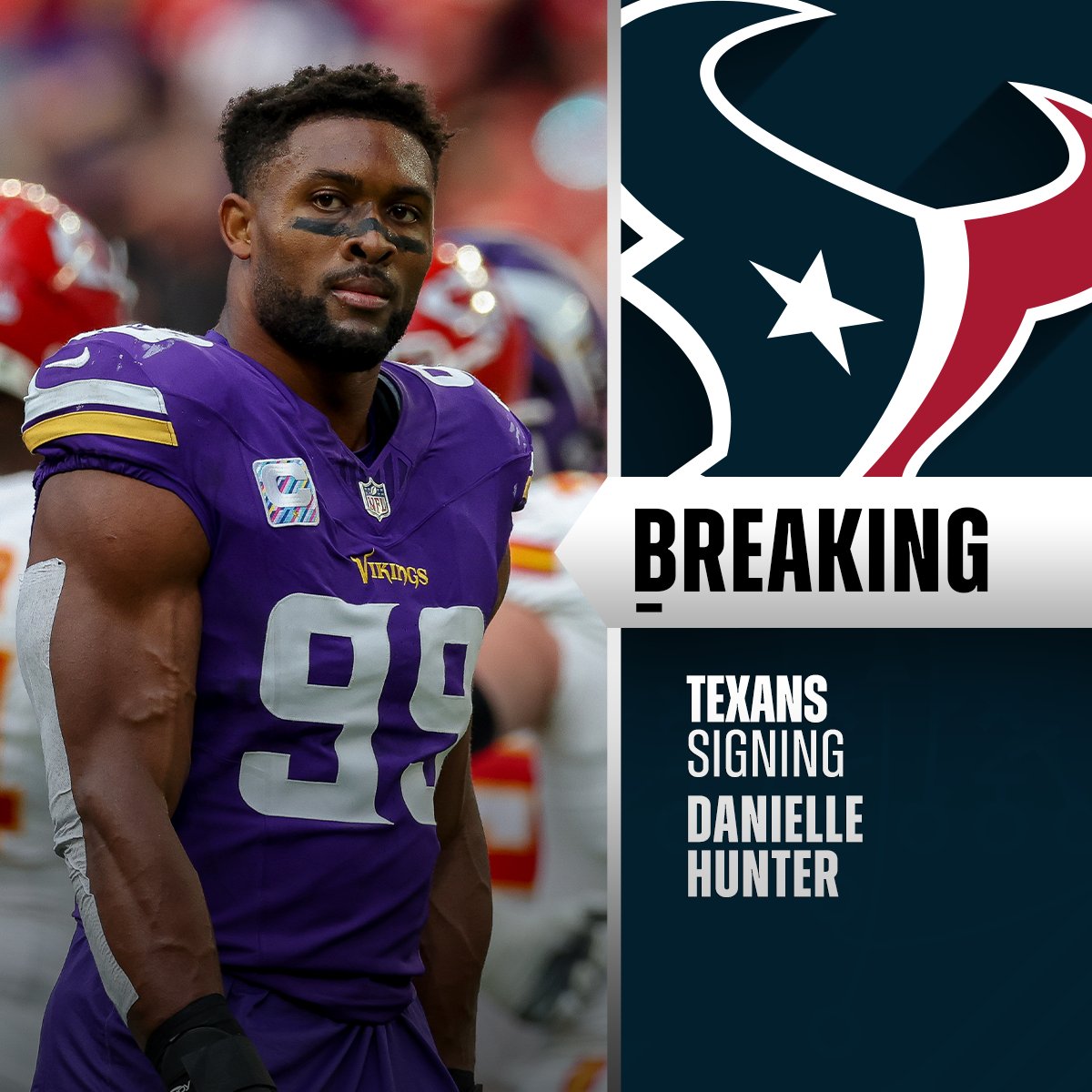 Texans to sign DE Danielle Hunter to 2-year, $49M contract. (via <a href="/RapSheet/">Ian Rapoport</a> + <a href="/TomPelissero/">Tom Pelissero</a>)