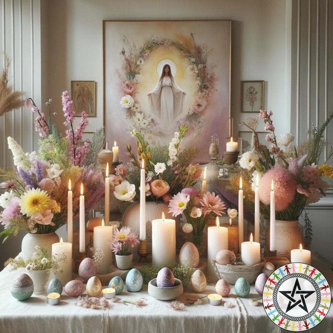 Ostara's palette of white and pastels paints a promise of new life and creativity. Let's adorn our altars and spaces to mirror the blooming beauty of the Earth. Share your Ostara altar with us! 🎨 #SacredSpaces #SpringAltar