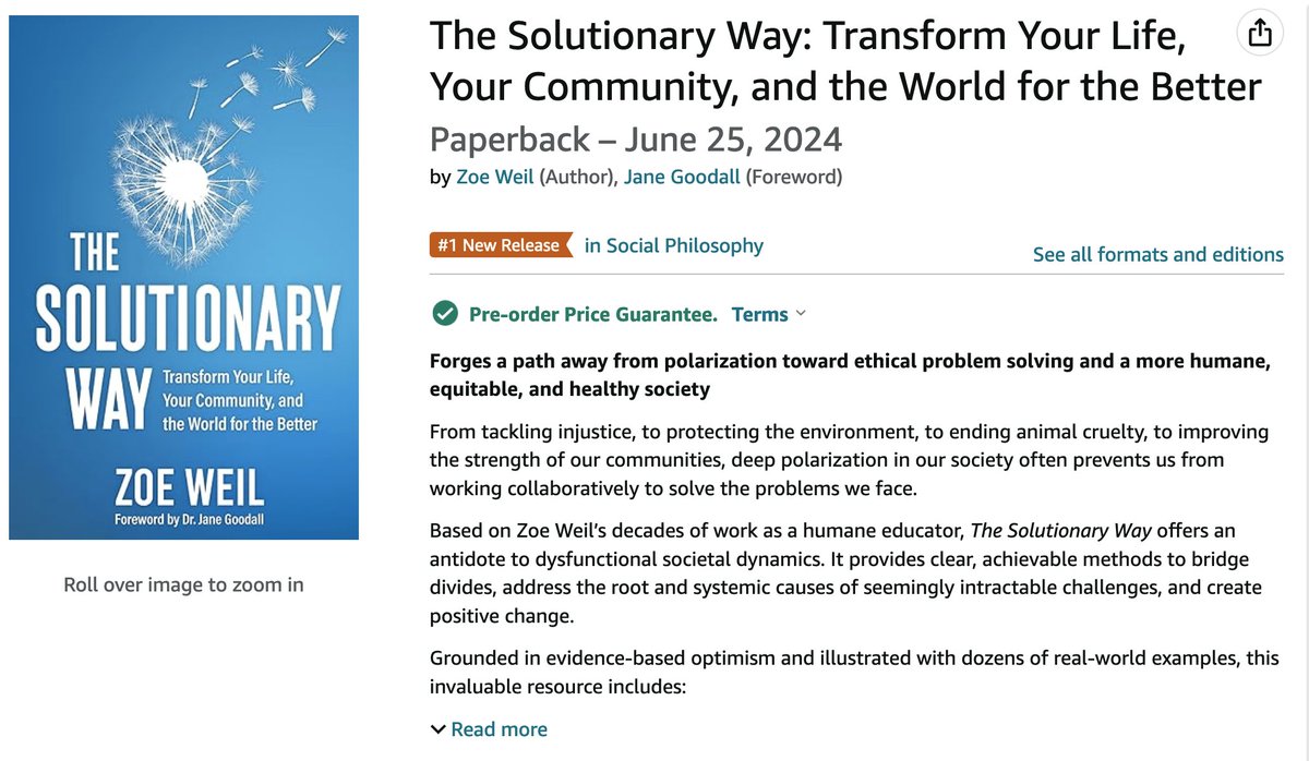 ZoeWeil's tweet photo. My upcoming book is the #1 New Release in Social Philosophy on Amazon today. I'm so grateful to those who are pre-ordering it! What's the way to create a humane, just, & healthy world for all life? The Solutionary Way. #SolutionaryWay #Solutionary @HumaneEducation https://t.co/AwbvZqaOGG