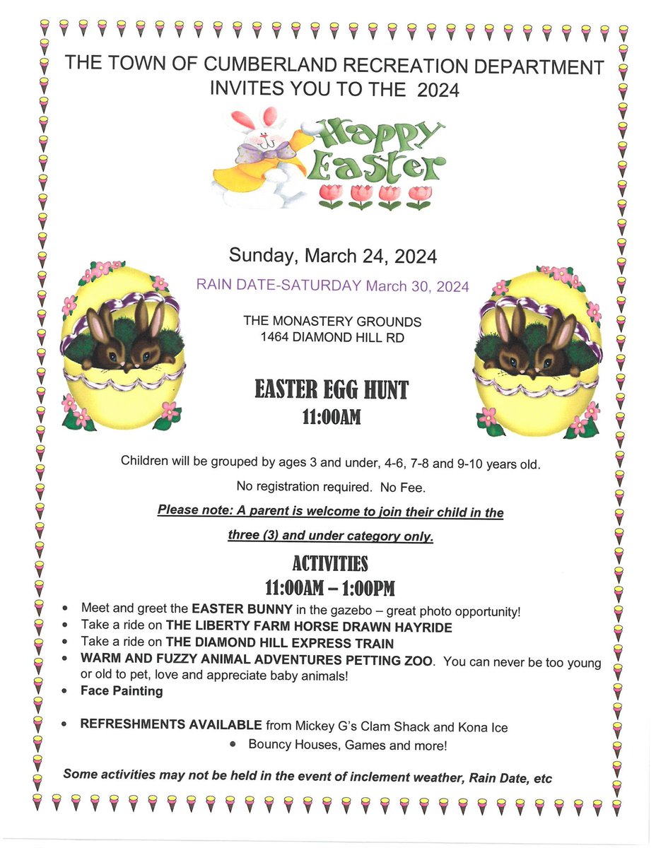 Cumberland Parks & Recreation is pleased to present the annual Easter Egg Hunt on Sunday, March 24, 2024, 11:00 am to 1:00 pm at the Monastery. There is a Rain Date of Saturday, March 30, 2024. 🐰🐣🐥