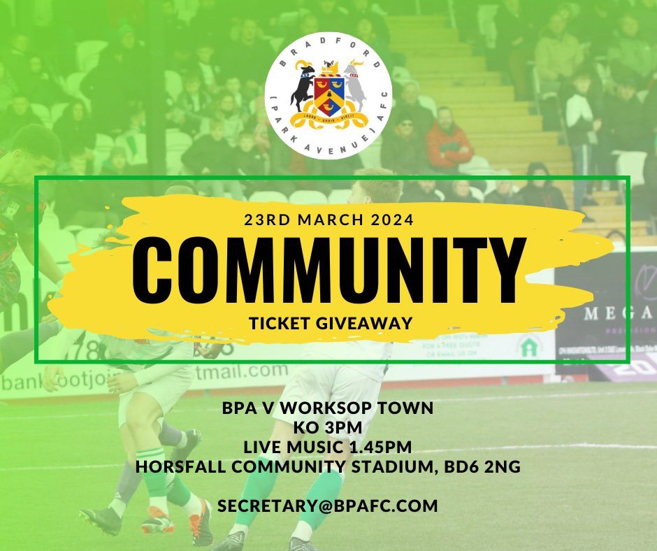 Date: 23rd March 2024 
Fixture: Bradford (Park Avenue) v Worksop Town 
Address: Horsfall Community Stadium, BD6 2NG 🏟 
KO: 3pm ⚽️ 
Pre-match Live Music: 1.45-2.45pm 🎶 
To book 👉 forms.gle/BiLgoi8abn2SkH…