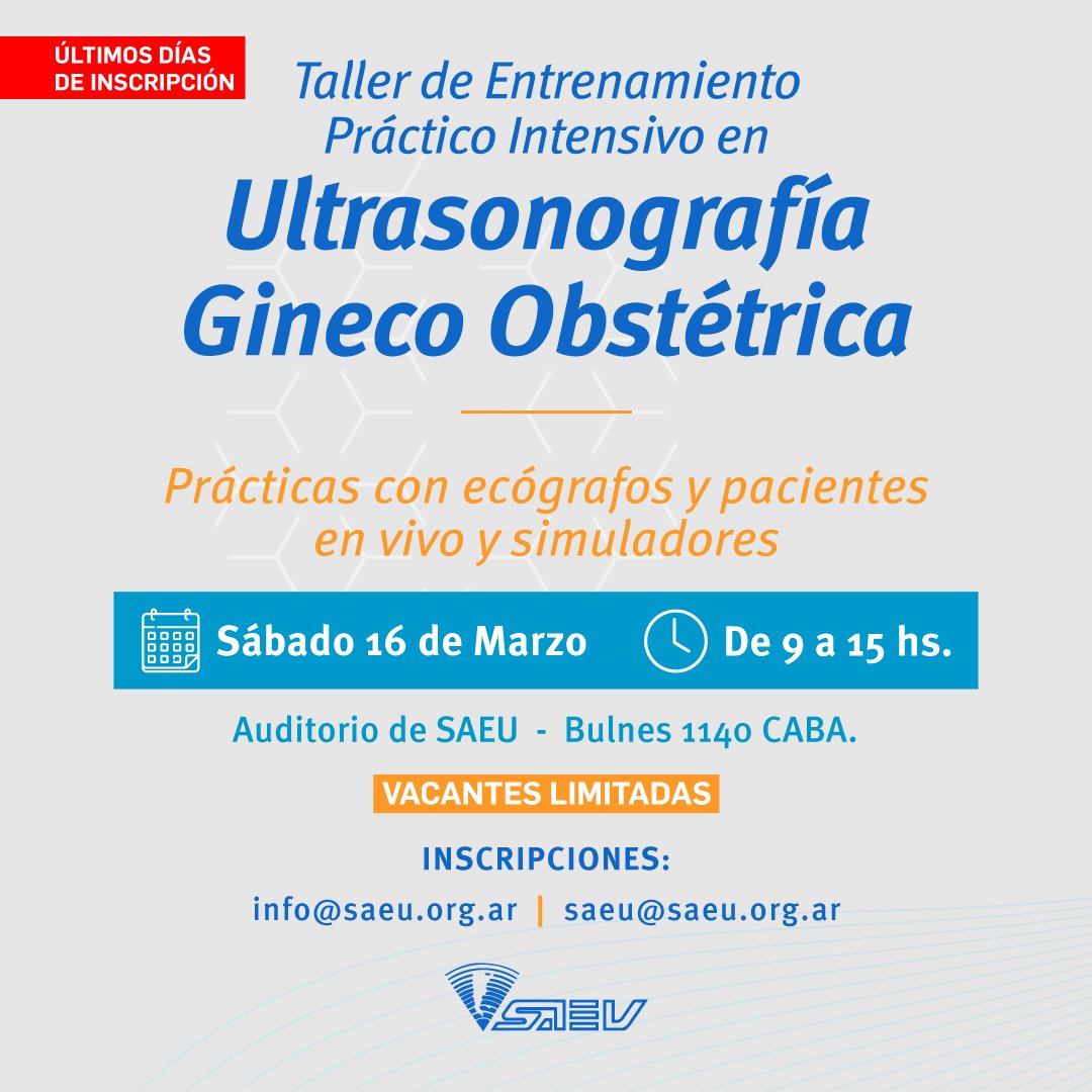 saeu_oficial (@oficialsaeu) on Twitter photo 📣¿Te vas a quedar afuera? Aprovechá los últimos días de inscripciones al taller y disfrutá de una jornada a pura práctica.💪
📩Informes e inscripciones a info@saeu.org.ar/ saeu@saeu.org.ar
🌐 Más información en saeu.org.ar 📣¿Te vas a quedar afuera? Aprovechá los últimos días de inscripciones al taller y disfrutá de una jornada a pura práctica.💪
📩Informes e inscripciones a info@saeu.org.ar/ saeu@saeu.org.ar
🌐 Más información en saeu.org.ar