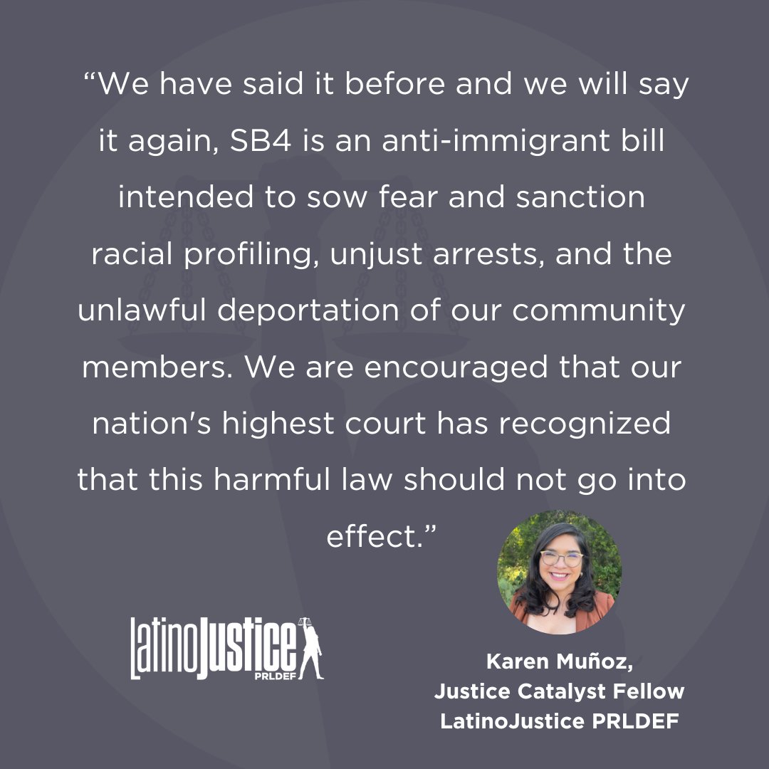 The Supreme Court extends the block on Texas' SB4, preventing unjust arrests & deportations. We stand united against racial profiling and for immigrant rights. Full statement📢: bit.ly/4c9i1Fj