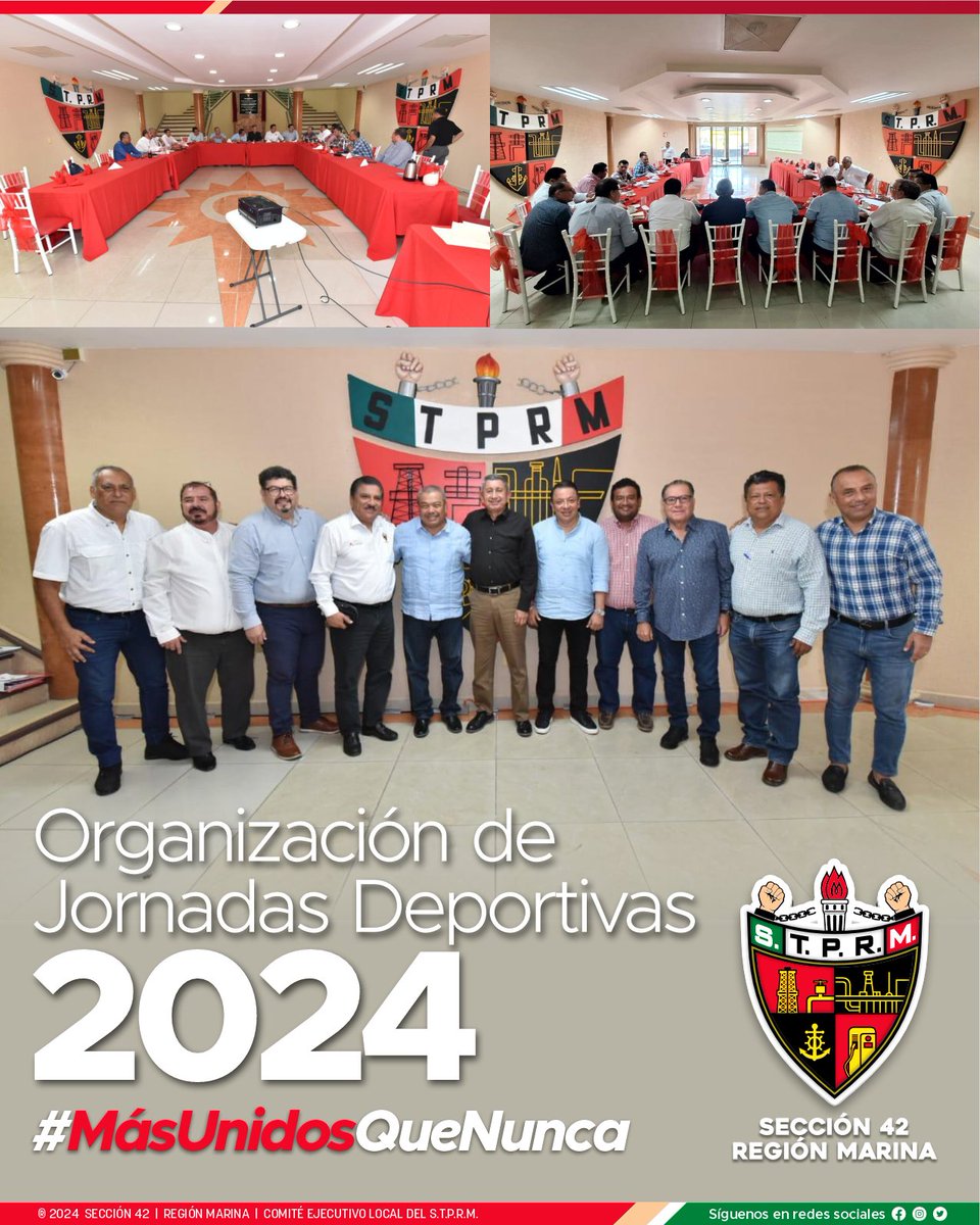 Seccion42_STPRM's tweet photo. En una reunión desarrollada en las instalaciones de la Sección 26 @HStprm, en la que participaron las hermanas Secciones 14, 26, 29, 42, 47, 48 y 50, quienes siguiendo la política de unidad y dedicación al trabajo de nuestro Máximo Líder Sindical Ing. Luis Ricardo Aldana Prieto, se llevó a cabo la Organización de las Jornadas Deportivas Petroleras 2024.

Es de resaltar la destacada atención del anfitrión y amigo el Sr.  Carlos Jiménez Hernández, Secretario General de la Sección 26 y agradecer también a nuestro Máximo Líder Ing. Ricardo Aldana Prieto por las facilidades prestadas para la realización de dicha mesa de trabajo.

#MásUnidosQueNunca
#SomosSTPRM
#UnidosVenceremos
@lgps03101 @MarcoAzuara1