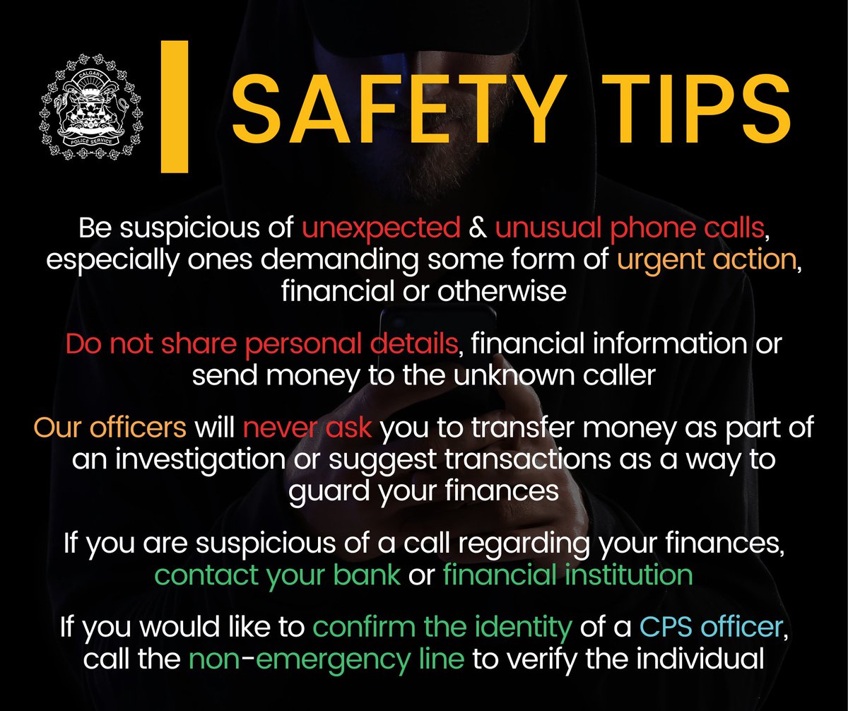 ⚠️ SCAM ALERT⚠️

We are warning Calgarians of a financial scam that was recently reported involving individuals who claimed to be police officers over the phone.

Earlier this month, a man attended a district office to report suspicious phone calls he received where the person on