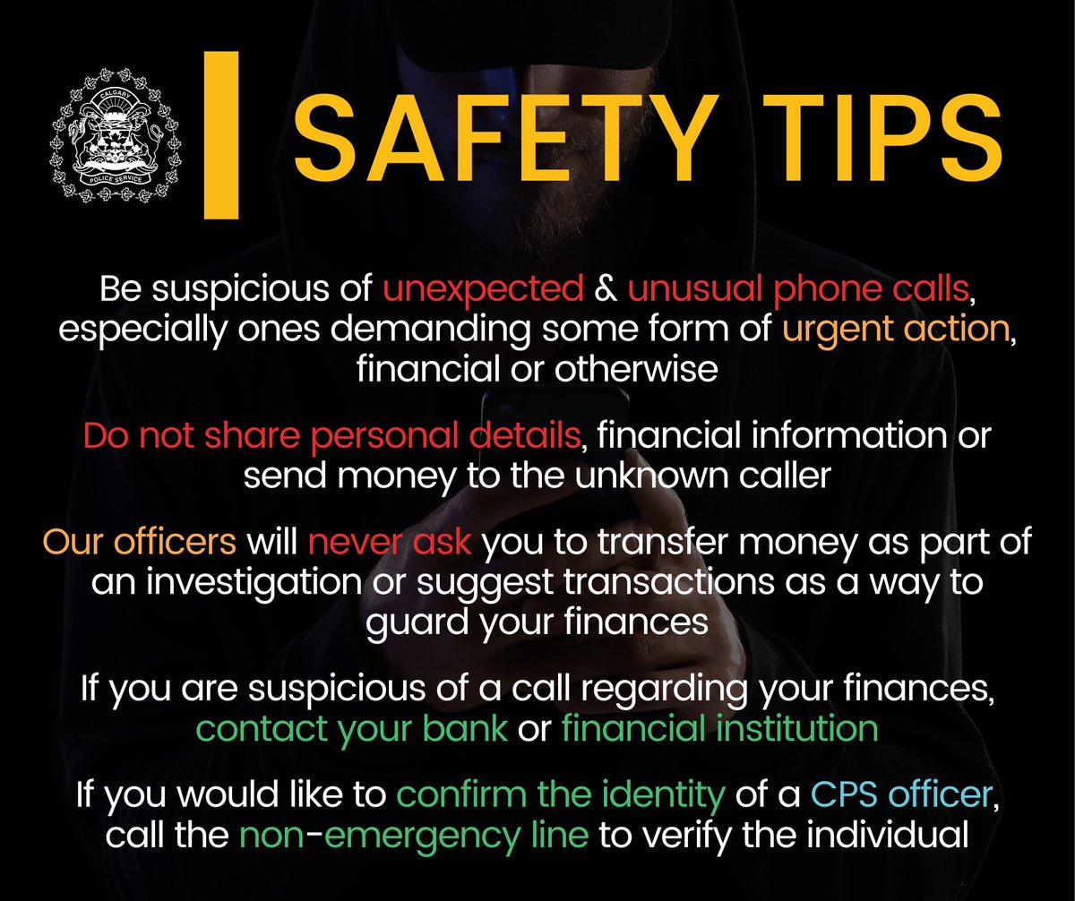 ⚠️ SCAM ALERT⚠️ We are warning Calgarians of a financial scam that was recently reported involving individuals who claimed to be police officers over the phone. Earlier this month, a man attended a district office to report suspicious phone calls he received where the person on