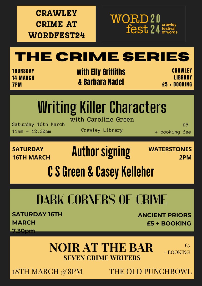 crawleywordfest's tweet photo. This week @crawleywordfest

@ellygriffiths 
@BarbaraNadel 
@carolinesgreen 
@CaseyKelleher 
@Anna_Mazz 
@Helen_Fields 
@lizfielding 
@gbpoliceadvisor 
@erinyoungauthor 
@laurajm8 
@UnheimlichManvr 
@ak_benedict 

#wordfestcrawley24 https://t.co/aCmgxP97Ox