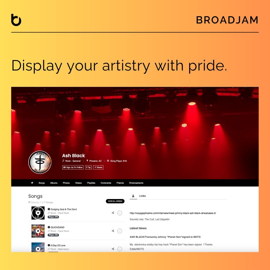 broadjam's tweet photo. Showing off another Broadjam artist who has upgraded their artist page 😍 

Display your artistry with pride at Broadjam 🙌 

Explore all that Broadjam has to offer: https://t.co/Owbnpj5o1l 

#Broadjam #MusicLicensing #Musicians #MusicIndustry #Music https://t.co/LMpRPQOuOx