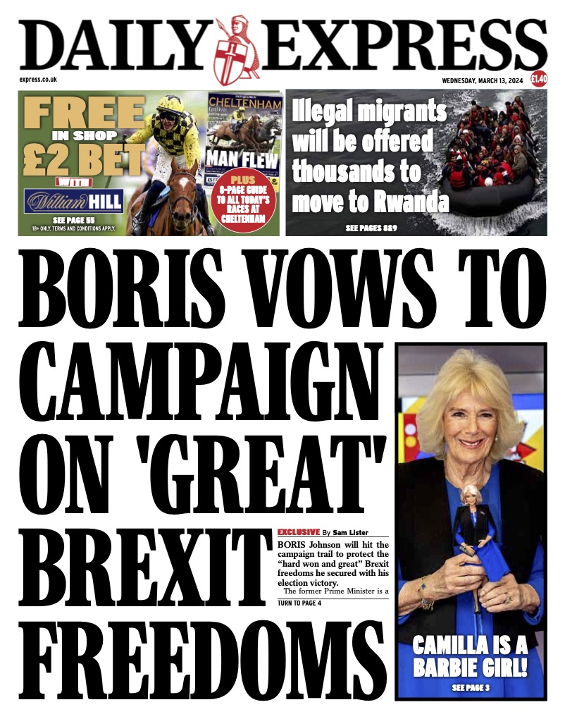 Wednesday's Express Front Page - Boris vows to campaign on 'great' Brexit freedoms