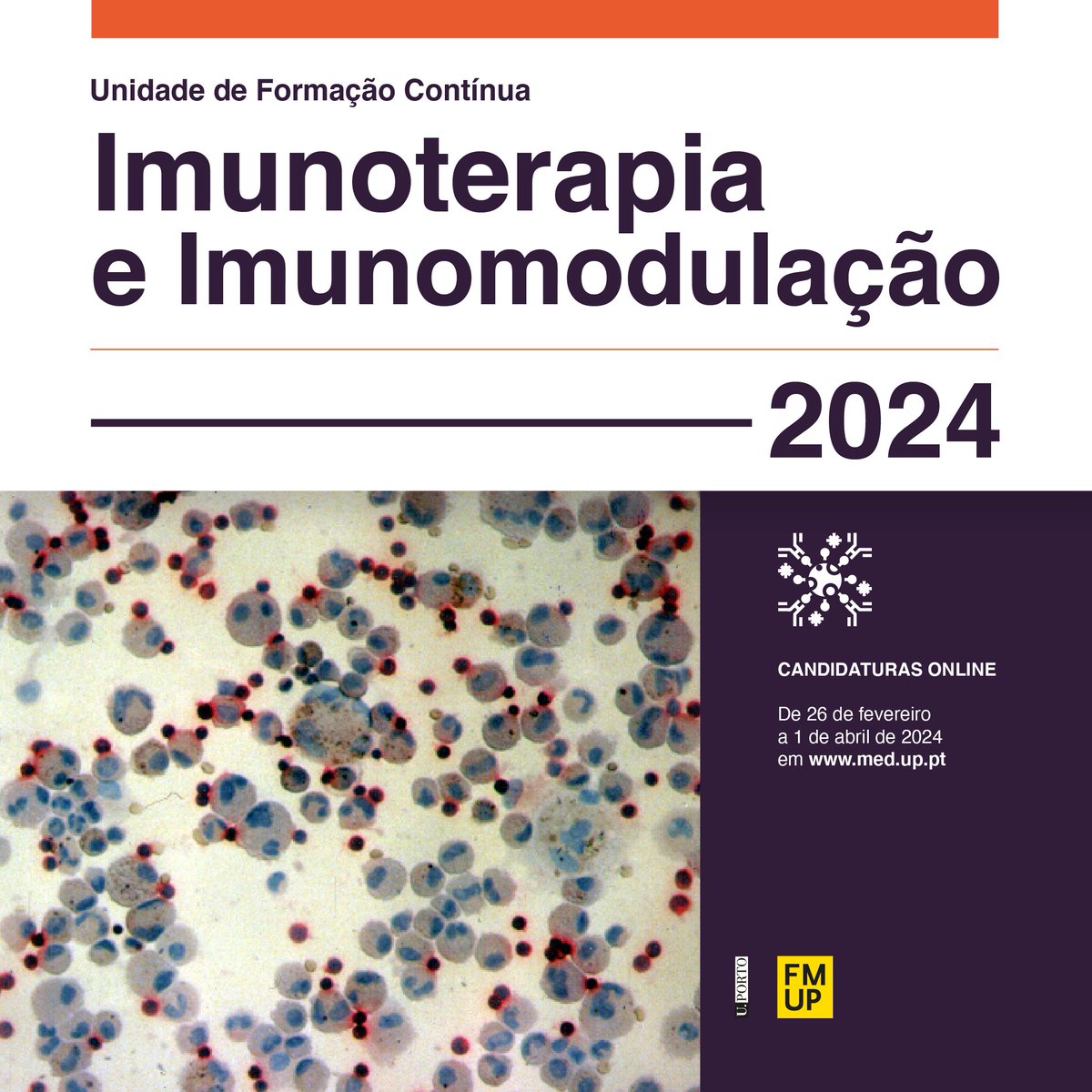2a edição da UFC de Imunoterapia e Imunomodulação da FMUP! Sempre a olhar para as novidades das terapêuticas moduladoras da resposta imunológica.
 9 a 11 de maio (pode ser presencial ou à distância)
sigarra.up.pt/fmup/pt/cur_ge…