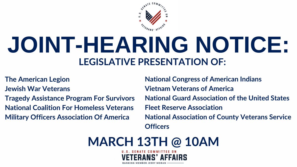 TOMORROW: Senate and House VA Committees are hearing from @AmericanLegion and other VSO’s to discuss their legislative priorities for FY24 and how we can best support veterans and their families. Watch Live: veterans.senate.gov