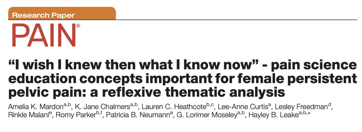 We asked people with chronic #pelvic #pain what they valued learning about their pain. Their four major responses are described in this paper, and in lead author @millie_mardon thread below. Paper now in @PAINthejournal doi.org/10.1097/j.pain…