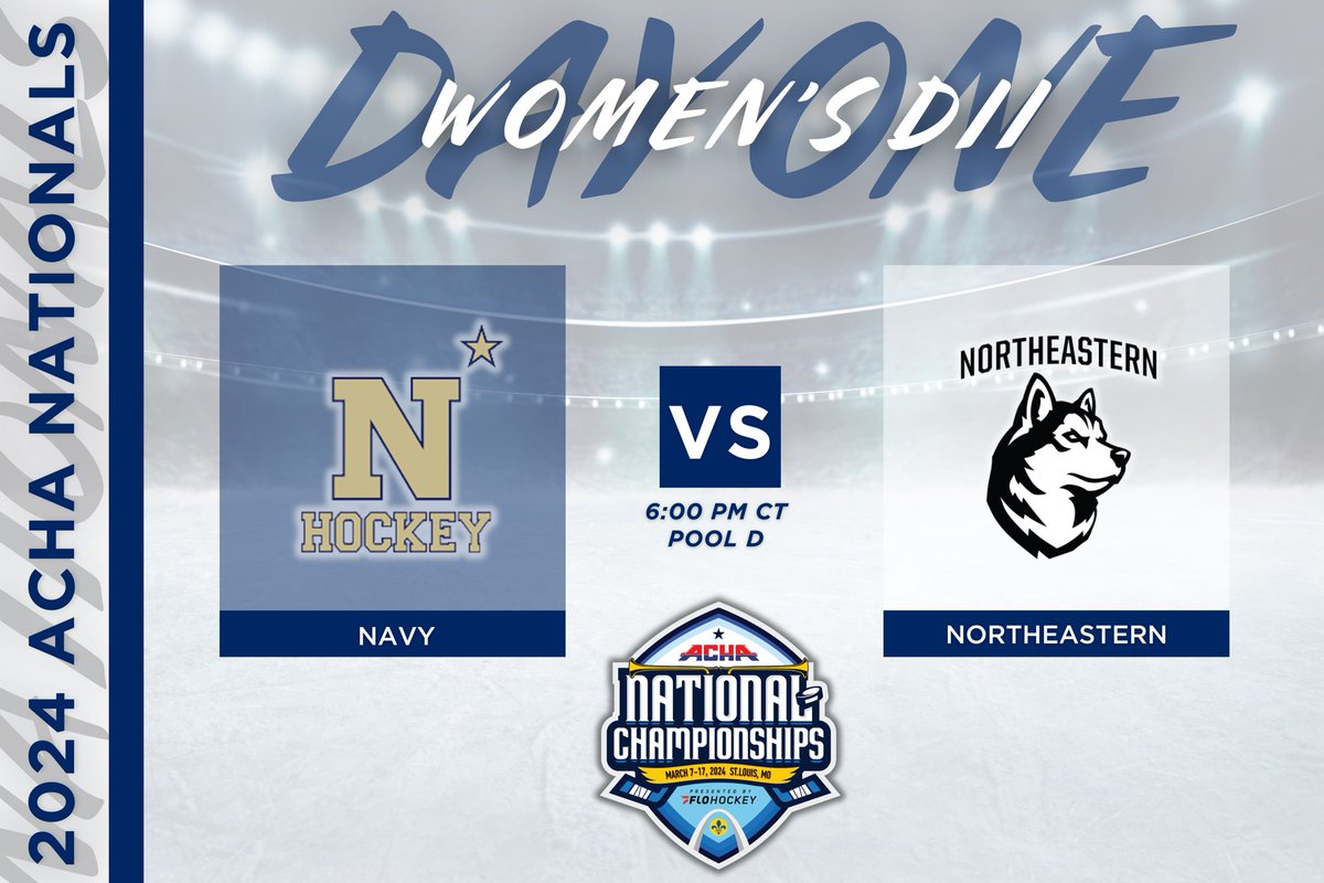 ACHAWomensD2's tweet image. 𝗣𝗢𝗢𝗟 𝗣𝗟𝗔𝗬 𝗚𝗔𝗠𝗘
🏒 Navy (away) vs. Northeastern (home)
⏰ Time 6:00 PM CT
📍 Rink 2
🎥 flohockey.tv/live/97609?wat… @FloHockey 
#ACHANationals #ACHAW2