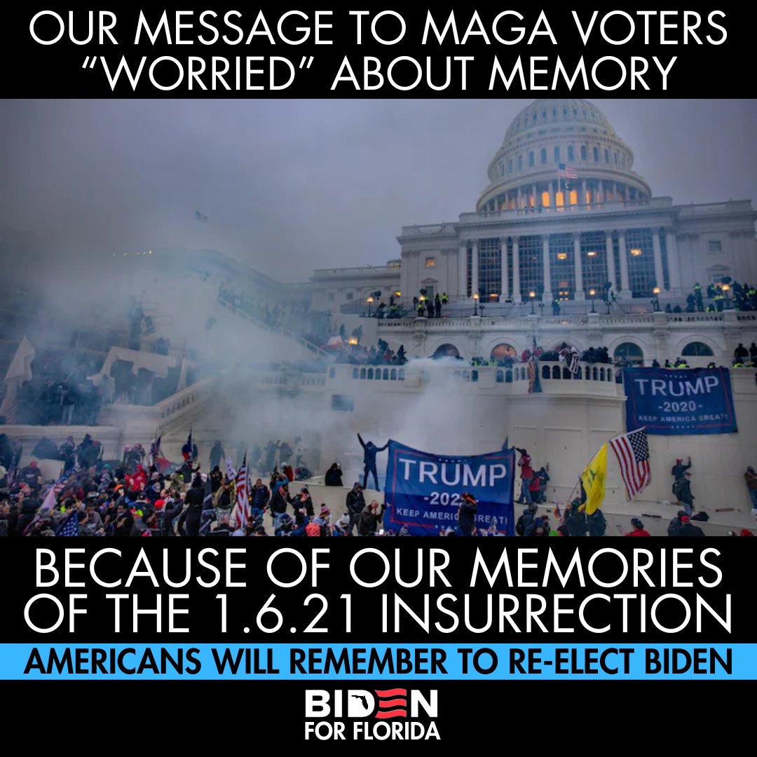 Instead of promoting more conspiracy theories about @POTUS @JoeBiden's memory, Trump and his MAGA voters should be worried about American's memories of the failed 1.6.21 insurrection, which will remind us all to vote to re-elect Biden & Harris!