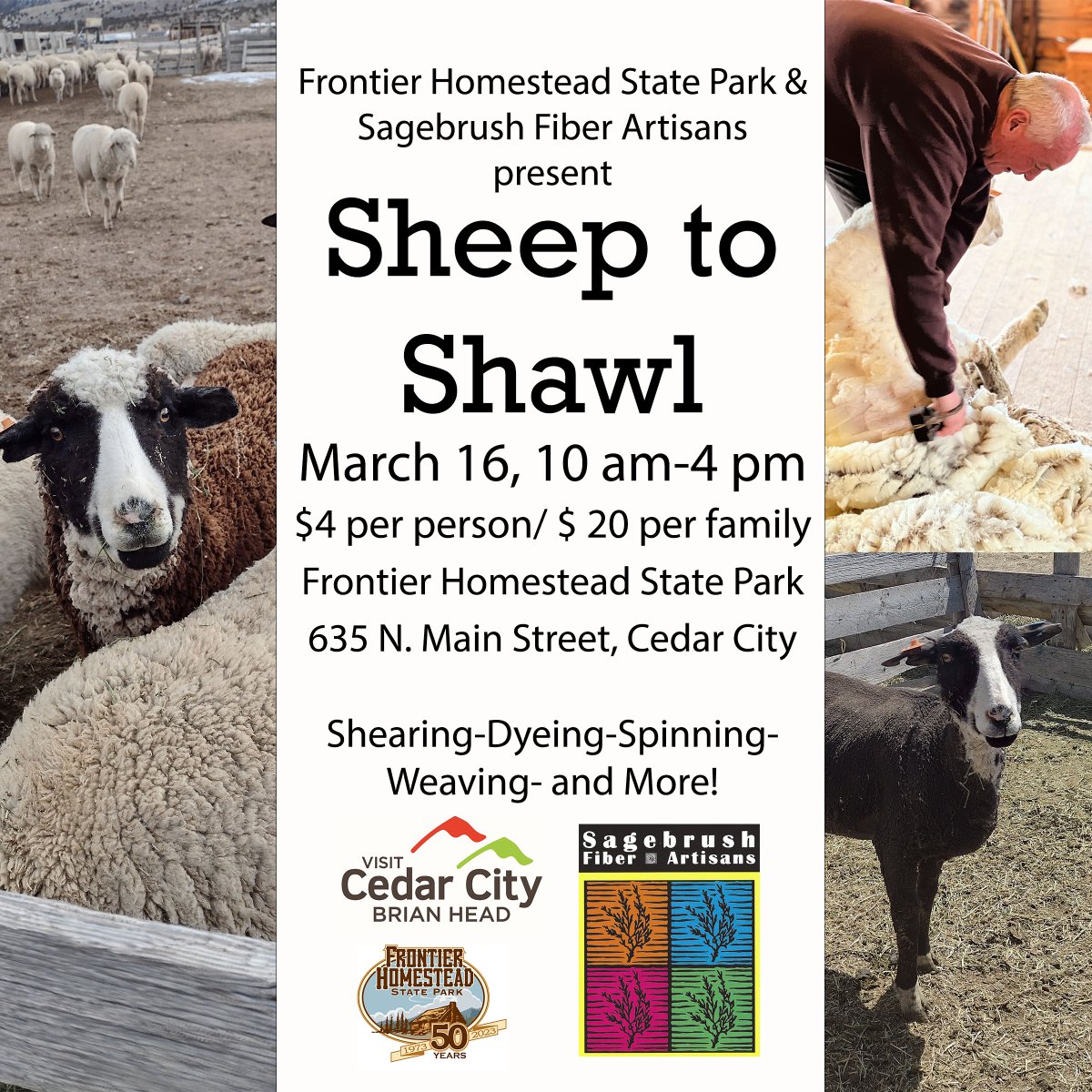 Don't miss Sheep to Shawl at Frontier Homestead State Park on March 16! 🐑 Enjoy live shearing demos, hands-on activities, and family fun from 10 am - 4 pm. Learn more here: stateparks.utah.gov/2024/03/12/she… And stay tuned for more spring adventures at Utah's state parks!