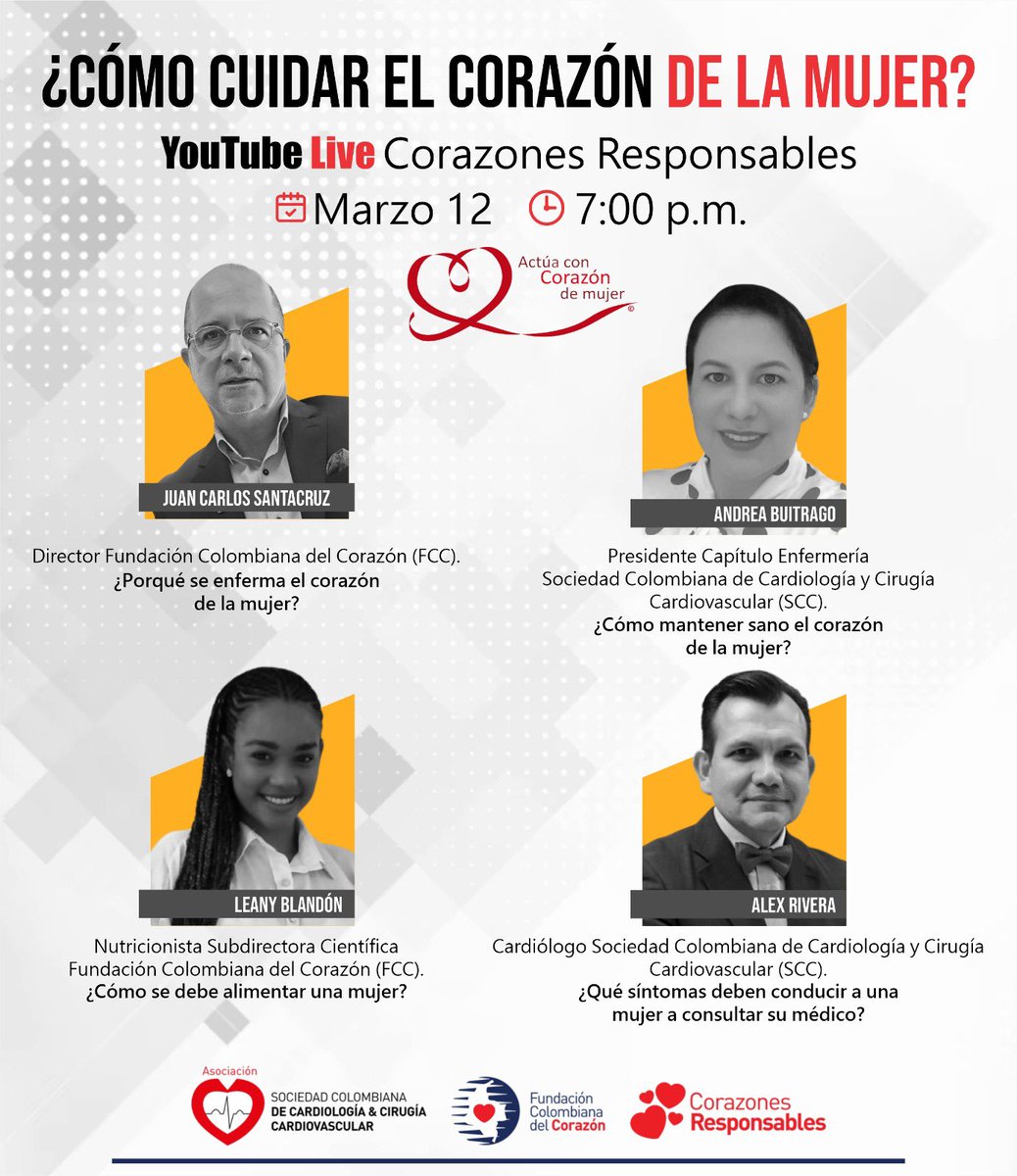 Cordialmente invitados esta noche al webinar organizado por la Fundación Colombiana del Corazón (FCC): 

¿Cómo cuidar el corazón de la mujer?.
Martes 12 de marzo. 
07:00 pm. 🇨🇴 

Enlace para conexión: youtube.com/watch?v=EoVwXv…

#mujer #coazón