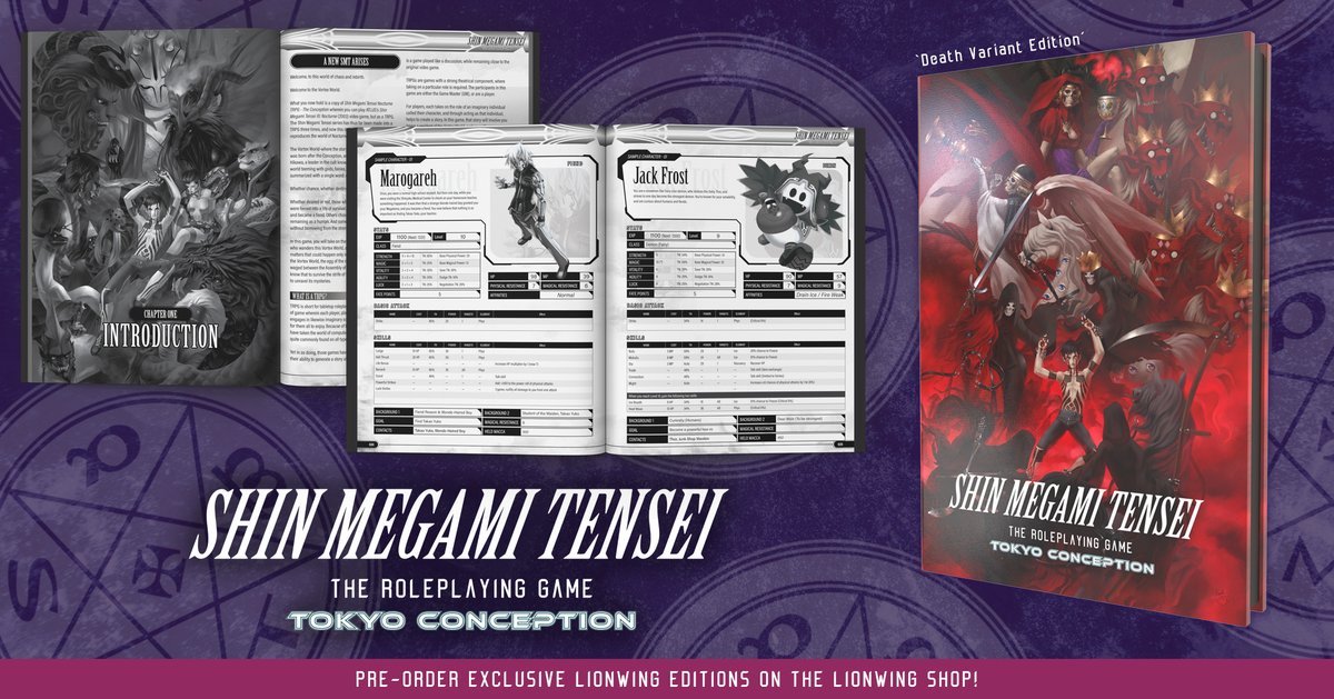 LWingPublishing's tweet image. We&apos;re thrilled to announce that we&apos;re bringing Shin Megami Tensei - The Roleplaying Game: Tokyo Conception to the West later this year! Pre-orders are open right now! Grab the LionWing Edition for an exclusive cover, mini-campaign, and painted page edges! lionwingpublishing.com/collections/sh…