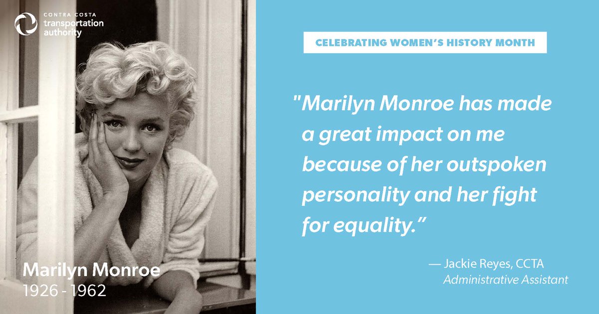 To celebrate #WomensHistoryMonth, our #CCTA team has been sharing their thoughts on women of history who inspire them. Check out below why Jackie Reyes, Admin. Asst., chose Marilyn Monroe as her role model & head to our FB page to get the story on her passion for transportation.