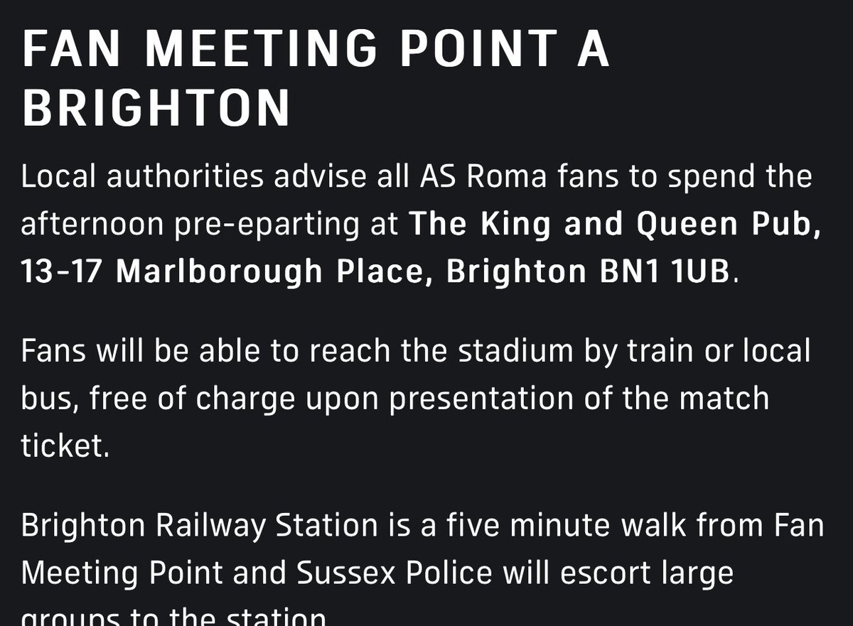 Just so everyone is aware, there is no shuttle bus service for Roma fans on Thursday night like the other clubs had so they will be using the trains and local busses to get to the game. #BHAFC