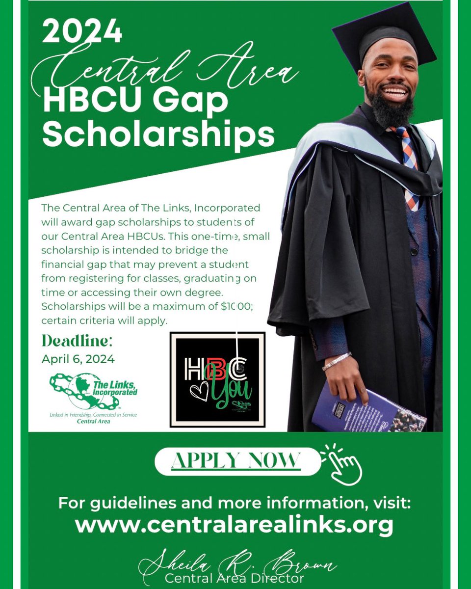 The Central Area of The Links, Incorporated will award gap scholarships to students of our Central Area HBCUs. #calinks #linksinc APPLY NOW: docs.google.com/forms/d/e/1FAI… DEADLINE: April 6, 2024. #HBCU #HBCUBUZZ #Scholarship