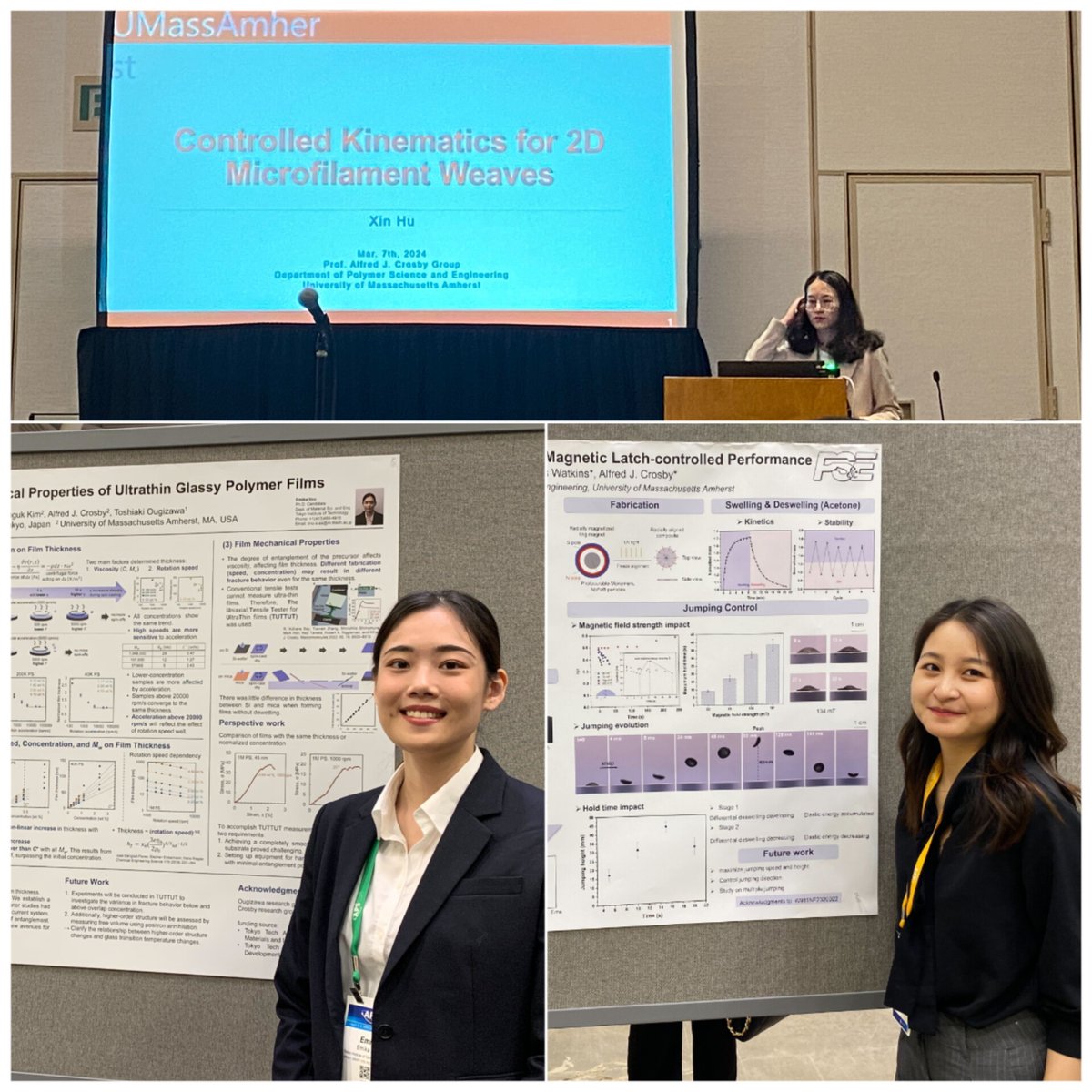 Exciting times for the Crosby Group at APS! Last week, our students had the opportunity to present their research and engage with this stimulating community. Check out snapshots of their presentations and poster sessions! Great job Xin, Melody, and Emika! 🌟 #Research #APSmarch