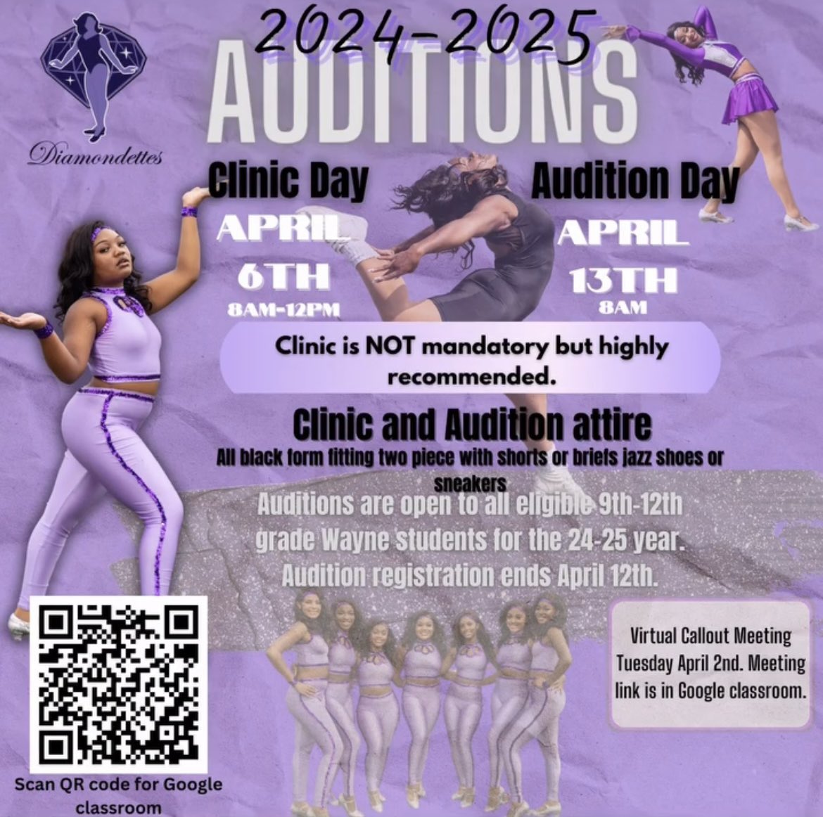 The 2024-25 Diamondette tryouts are here! We're so excited to see what the girls are giving! General Information is on the flyer! 

You must add the Google Classroom to access our audition packet and virtual callout meeting link. 

Google Classroom Code: ncts6pc 💎💜
#wearewayne