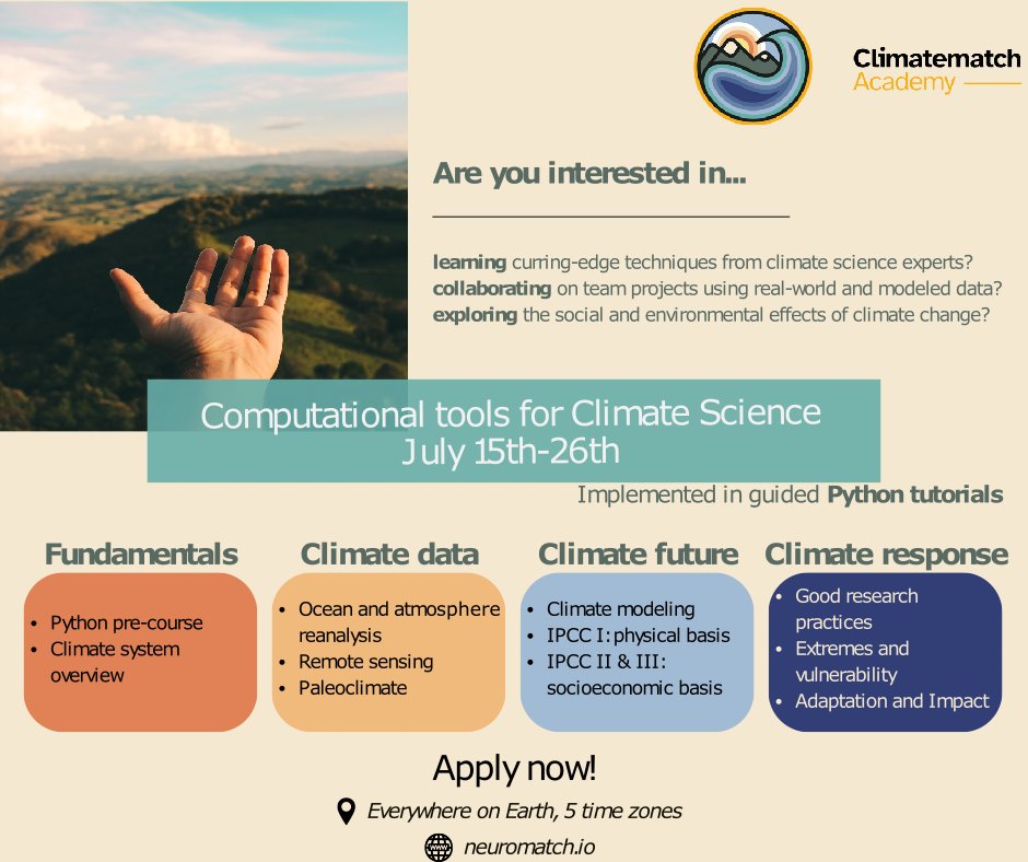 This is a great opportunity for students in climate science or anyone interested in being part of a globally diverse climate science community! 🌎🌏🌍 
Apply here ➡️ neuromatch.io/computational-…