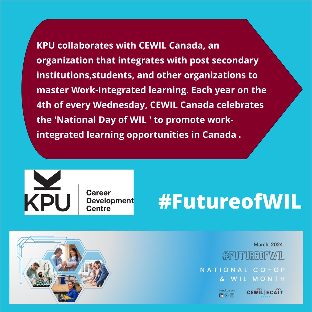 KPU collaborates with CEWIL Canada, an organization that integrates with post secondary institutions, students, and other organizations to master Work-Integrated learning. 

#FutureofWIL #KPU #kpucdc #students #work #internationalstudents #opportunities #workintegratedlearning