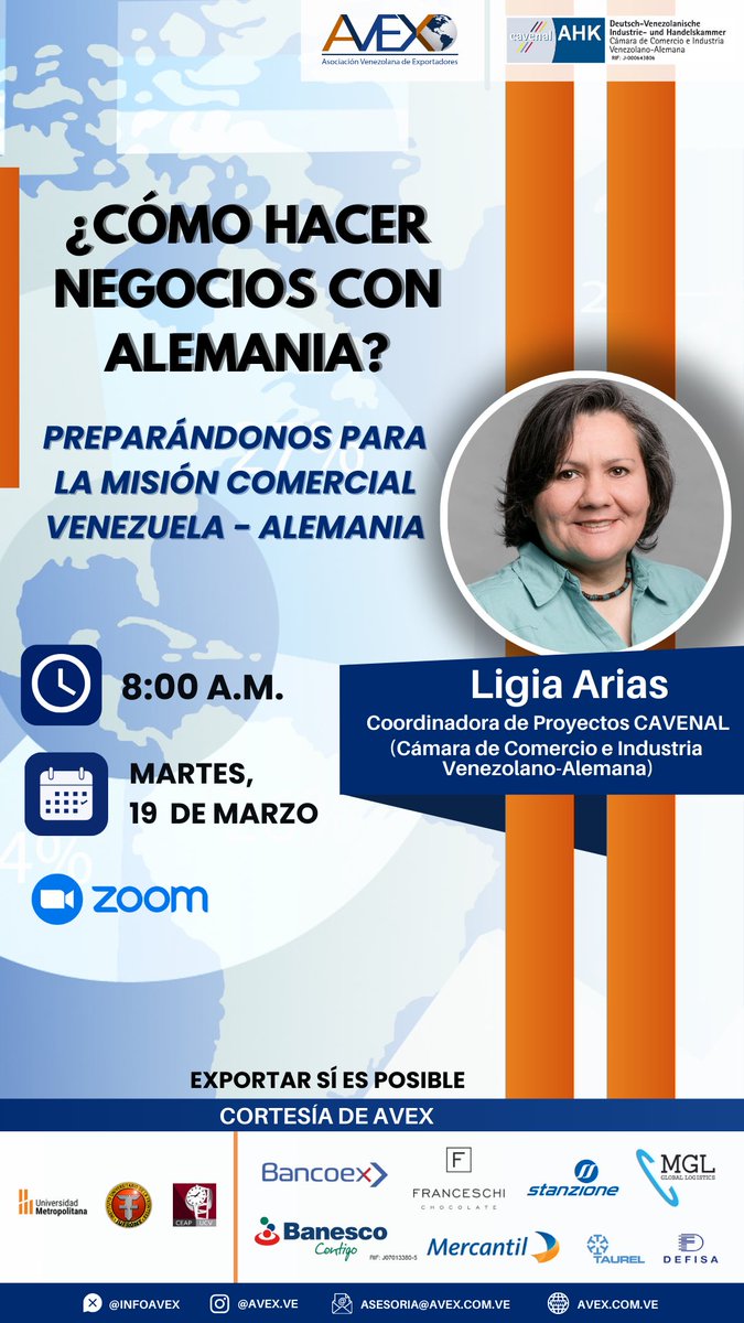 #ATENCION 🔔 I Únete a nuestra 1era conferencia.

¿Cómo hacer negocios con Alemania?
Preparándonos para la Misión Comercial Venezuela - Alemania.

Martes 19 de marzo | Hora: 08:00a.m |Vía Zoom.

Da click aquí tr.ee/o6_ud2Jp9B para inscribirte y participar en la actividad.