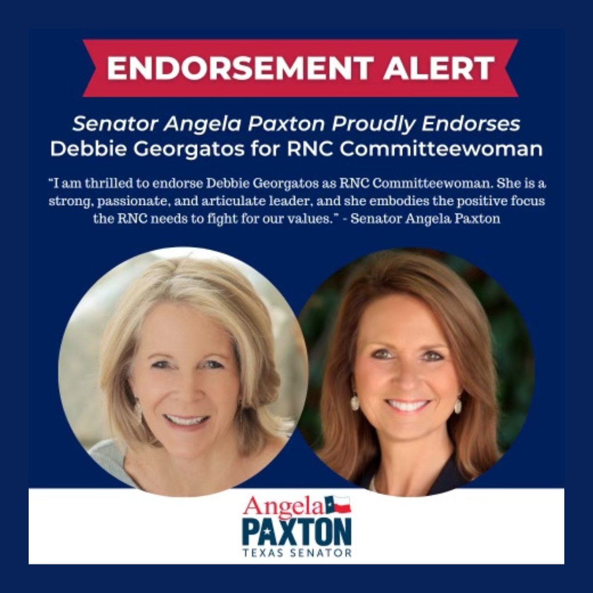 I SO appreciate @AngelaPaxtonTX! She is a stalwart conservative champion in the Texas legislature, she and I are so aligned in our determination to fight for the preservation of Texas and of America as the bastions of liberty MUST continue to be. Honored for Endorsement.