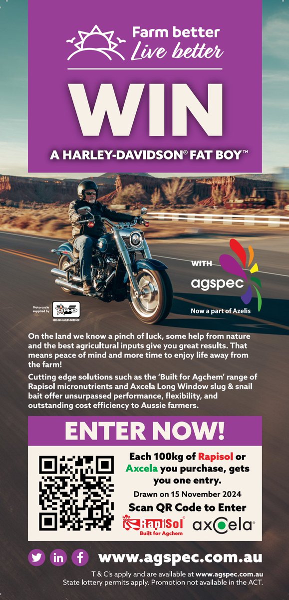AgspecVicTas's tweet photo. #Axcela #slug #snail bait gives superior #protection to #crops AND each 100kg you buy puts you in the draw to win the ultimate #freedom machine #HarleyDavidson Fat Boy! #agriculture #cropping https://t.co/EceEVVExho