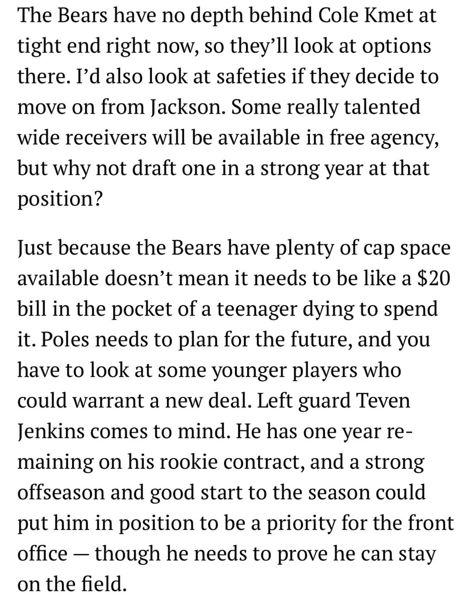 nolpup's tweet photo. For those upset about the #Bears taking a back seat during the first wave of FA, I understand, but maybe we shouldn’t be as surprised? 

In this article from February, Brad Biggs gave some predictions for what he thought this free agency period may look like, and he has pretty much been spot on thus far. 

When Brad speaks, we should listen.

Here are a few snippets from the article: