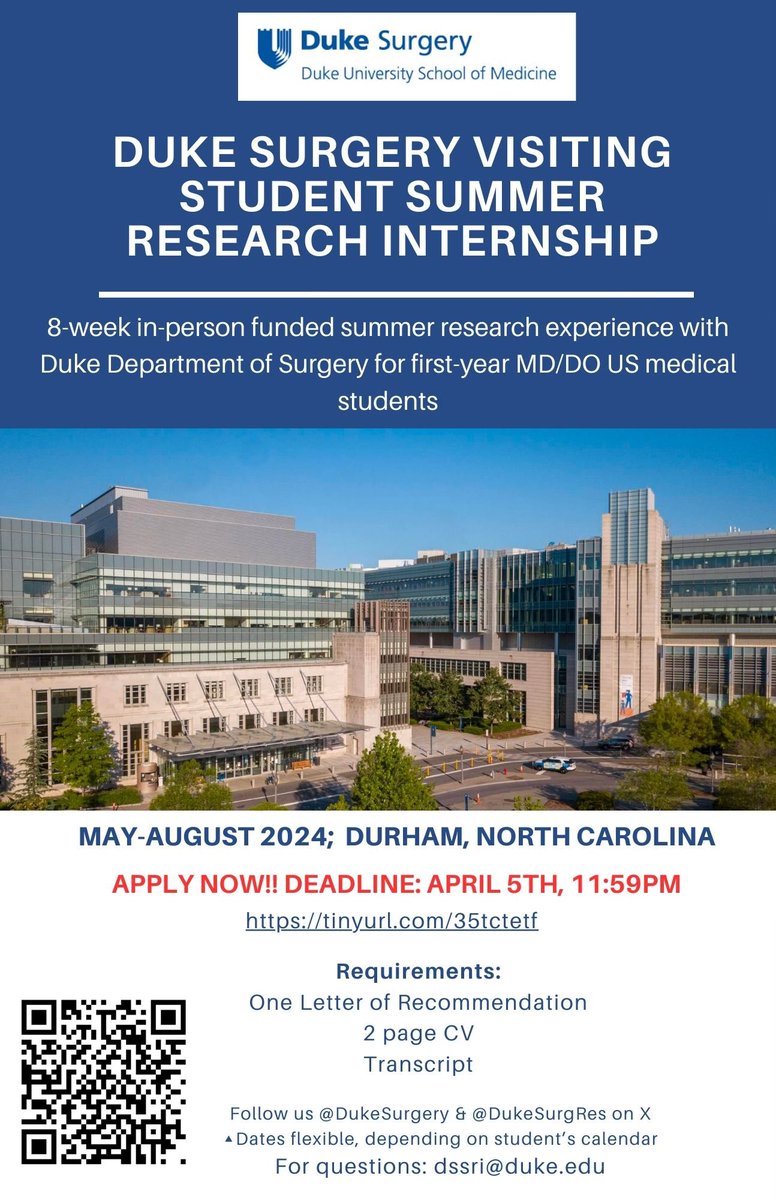 Anthony35698915's tweet image. Calling all first year medical students. Wanna learn what it means to be a #SurgeonScientist? Apply to our summer research internship for an opportunity to experience this while doing revolutionary and pretty cool projects. @DukeSurgRes @DukeSurgery