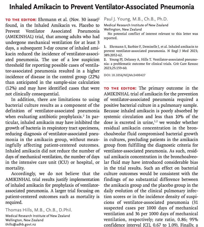 We have 2 new publications this week. First is a letter to the NEJM: Inhaled Amikacin to Prevent Ventilator-Associated Pneumonia nejm.org/doi/10.1056/NE…