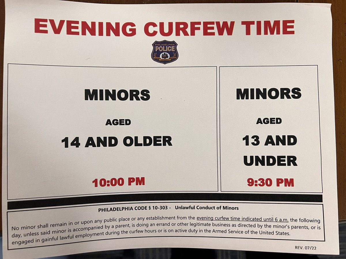 Curfew enforcement in @PPD03Dist PSA-1 is up 400% already compared to last month. As the weather gets warmer, we want to remind every one of the evening curfew times. We strive to keep our youth safe and out of trouble! #CurfewEnforcement #PhillyPD #PhillyPolice #safety