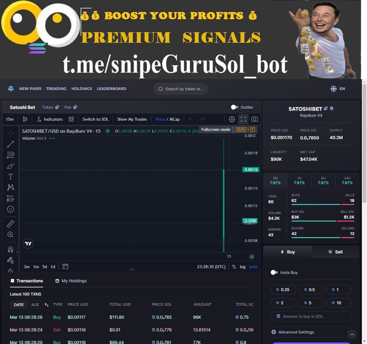 5Mins| 2k+ buy| >50 trader detected 🚨 #SATOSHIBET 📝 CA: EhGJWqCee8mwjinip6abUePoCUgo1mTwJfd4LaarXMcH ⏰ Pair age: 2 m Liquidity : 299.5543 SOL Liquidity USD: $89,651 (All Base + Quote) MC: $46,287 💵 Price $0.001157 | NativePrice: 0.000007731 💠 Volume: 5m $2,332 | 1h