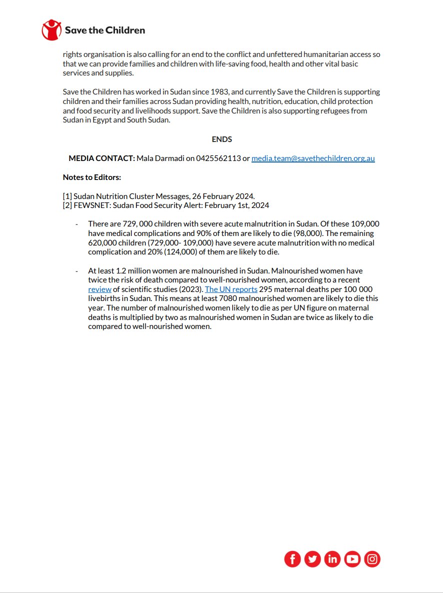 MEDIA RELEASE: Nearly 230,000 children, pregnant women & new mothers could die in the coming months due to hunger in Sudan, unless urgent, life-saving funding is released. 'We are seeing massive hunger, suffering & death. Yet the world looks away.' - Dr Arif Noor @save_children.