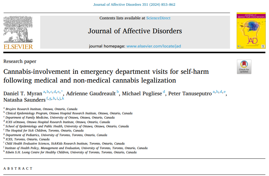 🚨 | Un estudio encontró que las visitas a salas de emergencia por autolesiones relacionadas con el #cannabis casi se duplicaron en 12 años, particularmente después de la legalización del uso médico de la marihuana. Paper: doi.org/10.1016/j.jad.…