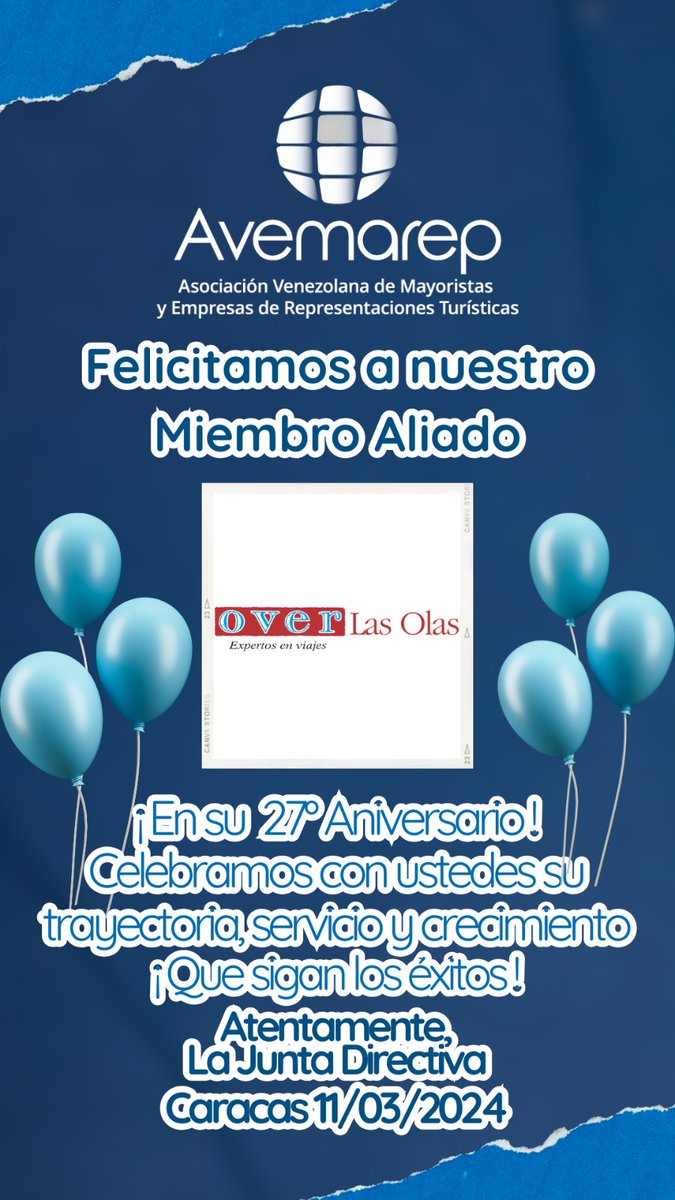Felicitamos a nuestra empresa miembro *OVER LAS OLAS* por el arribo a su 27° Aniversario, esperando celebren muchos años más, de trabajo y crecimiento en la Industria Turística Nacional... Felicidades 👏🏻 <a href="/overlasolas/">Over Las Olas</a>
