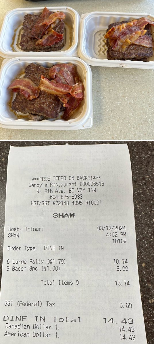 SBakerMD's tweet image. Wendy’s Vancouver Canada

6 large burger patties, 9 pieces bacon 

$14 Canadian dollars
