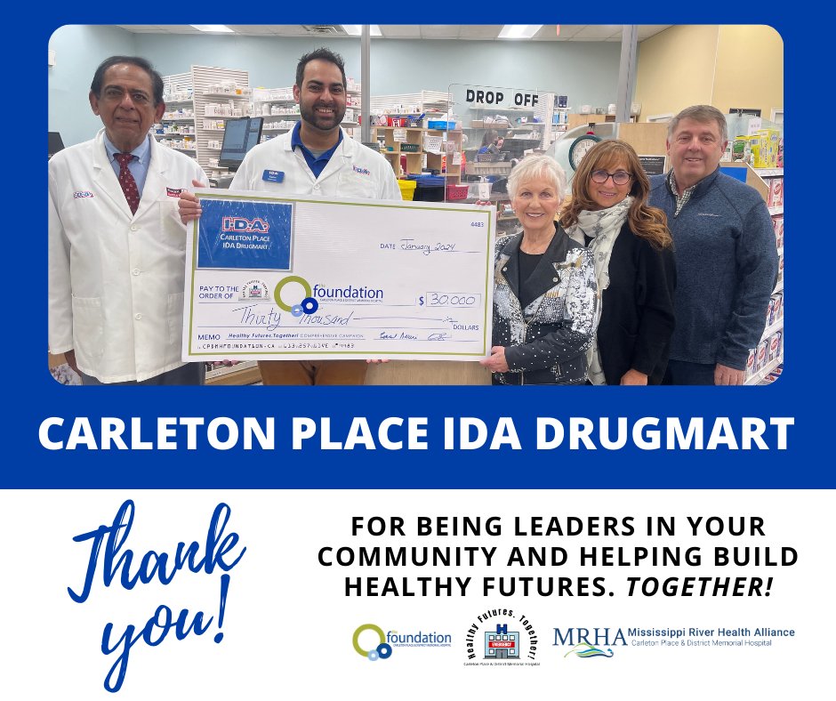 CPDMHFoundation's tweet photo. Gratitude Spotlight. A heartfelt thank you to Carleton Place IDA Drugmart for their outstanding commitment to our community's health!
For over 30 years, Carleton Place IDA has been a steadfast supporter of the Carleton Place &amp; District Memorial Hospital. https://t.co/FAdiwilgbR