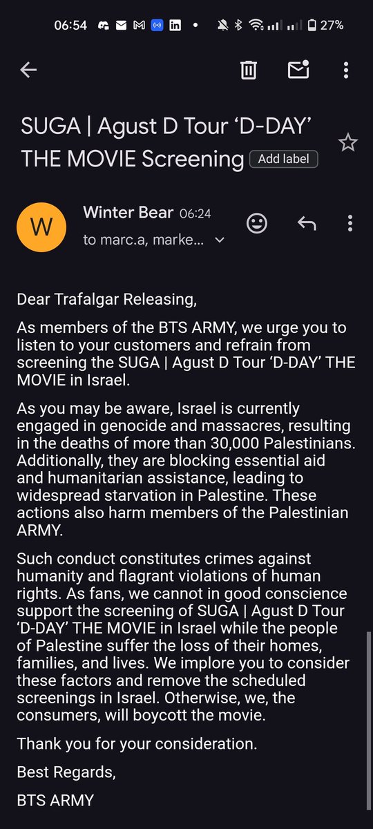 _yourwinterbear's tweet photo. Email template for Bighit, HYBE, and Trafalgar Releasing :
https://t.co/o9FsdNjtLP

#하이브는시오니스트를퇴출하라 #HYBEDivestFromZionism https://t.co/WrSJMaSx2V