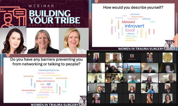 AAST Women in Trauma Surgery March session, incredible perspective and reflection on building your tribe. Determining your “why” and how to support one another. Thank you to our panel @JJcolemanMD @KLKaups @scrubbedin and attendees! @traumadoctors @traumadoctorsam