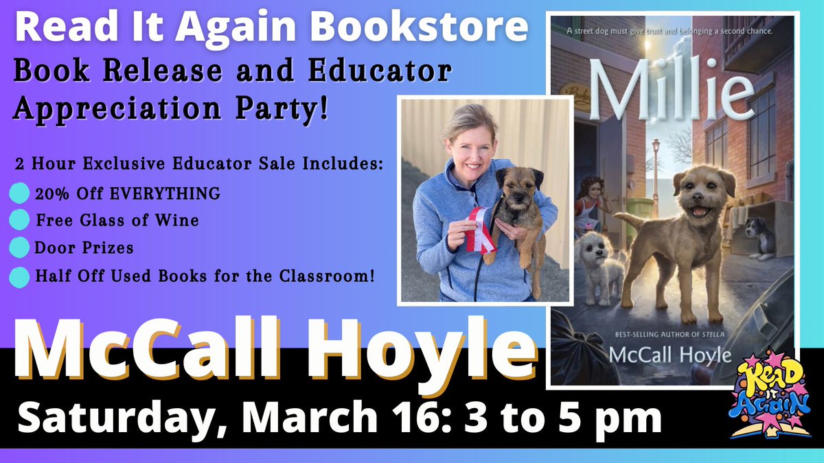 Support an amazing indie bookstore—READ IT AGAIN BOOKSTORE in Suwanee, GA! Celebrate MILLIE’s book birthday! Enter for multiple chances to win TONS of door prizes! Snag some book bargains! 📖💕🐶💕📖