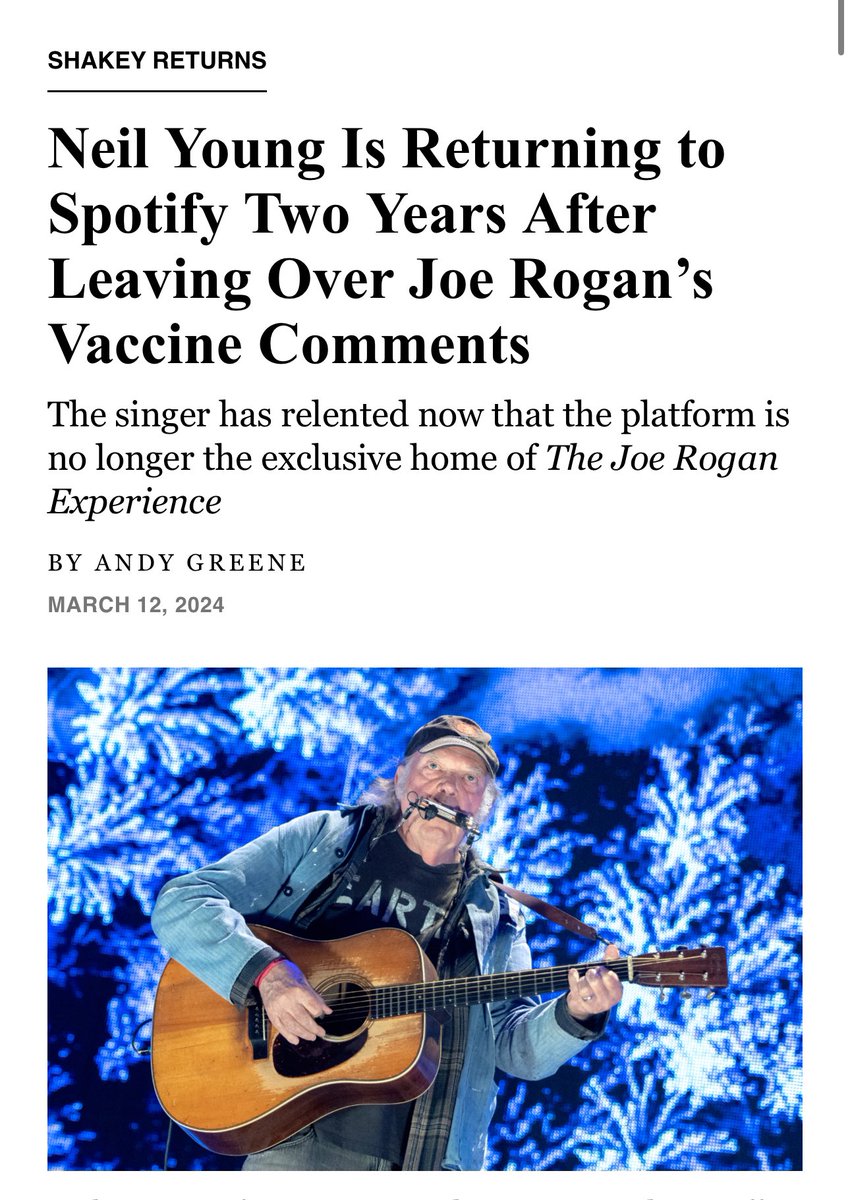 FiveTimesAugust's tweet photo. Just so we’re clear on this… Neil Young pulled his music from Spotify over the seriousness of @joerogan spreading “dangerous misinformation” … but now that this “dangerous misinformation” is on even more platforms Young has decided to, no, not to pull his music from the other platforms… but to just put his music back on Spotify. 🥴 Way to stick to your principles and show ‘em you rebel @NeilYoungNYA🖕Was an idiot move to begin with.