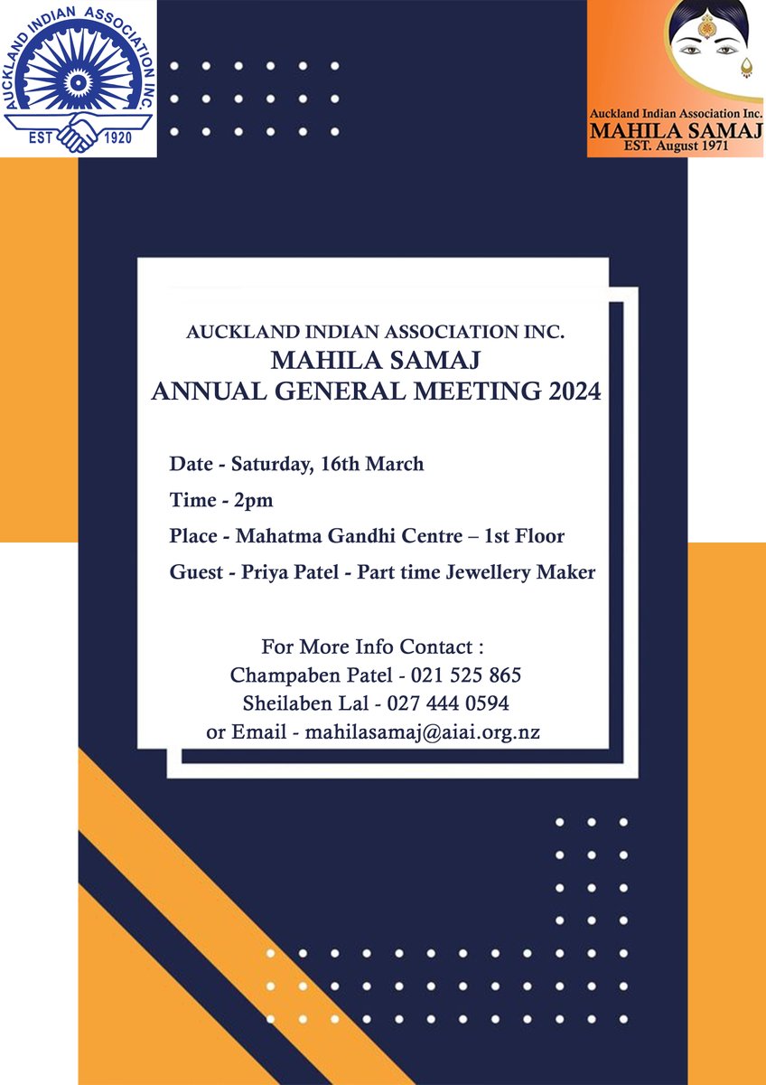 Join us for the Mahila Samaj AGM on 16th March at 2 pm, hosted at the Mahatma Gandhi Centre! Your presence & participation are invaluable to shaping the future of our community. See you there! #MahilaSamaj #AGM #CommunityEvent