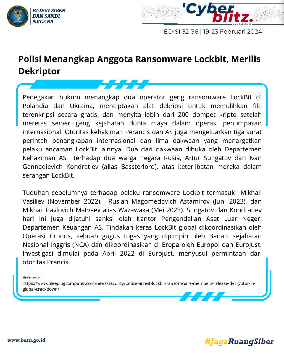 BSSN_RI's tweet photo. #Siberman, Cyber Blitz Edisi 32-36 | 19-23 Februari 2024 telah terbit!
Kunjungi https://t.co/o4ug8vUa7m untuk mendapatkan update Cyber Blitz.
#Cyberblitz
#BSSN
#JagaRuangSiber
#pemilu #cronos #lockbit #ransomware #decryptor #MustangPanda #APT https://t.co/37DBFZiyOs